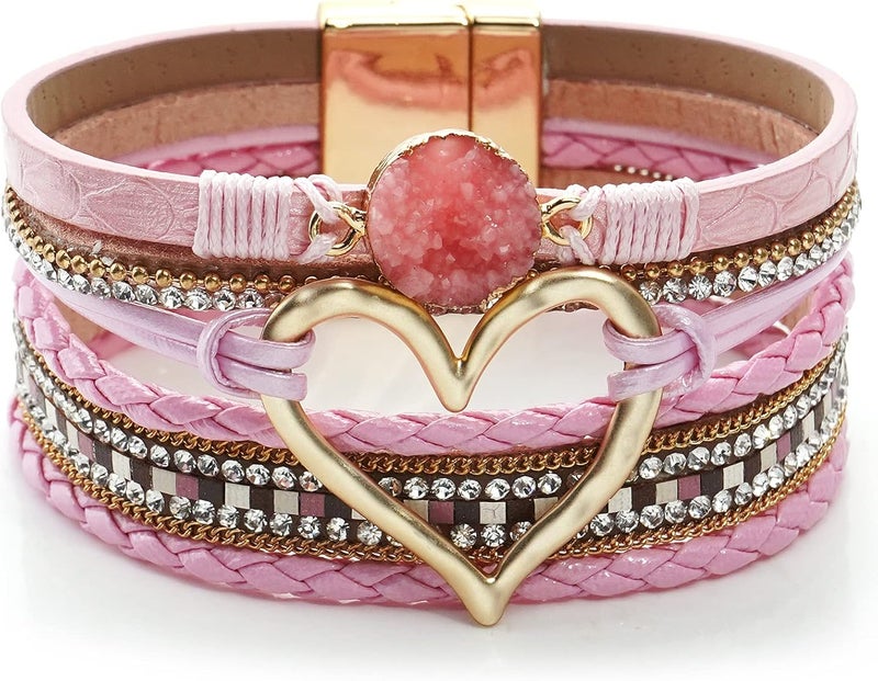 Suyi Multilayer Leather Wrap Bracelet Heart-Shape Wide Cuff Bracelets for Women - Image 1